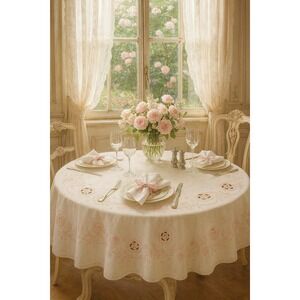 Vintage Linen‎ Tablecloth 35" Square Beige Floral Embroidered Cutwork Elegant